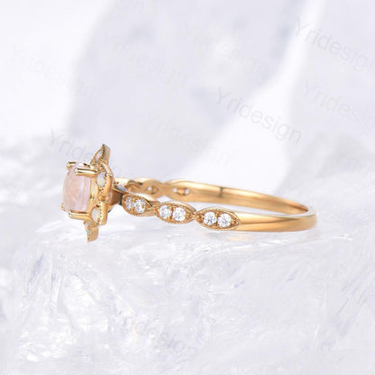 Floral Natural Rose Quartz Ring Vintage Sunflower Halo Opal Pink Crystal Engagement Ring Art Deco MIlgrain Wedding Band Anniversary Gift - PENFINE