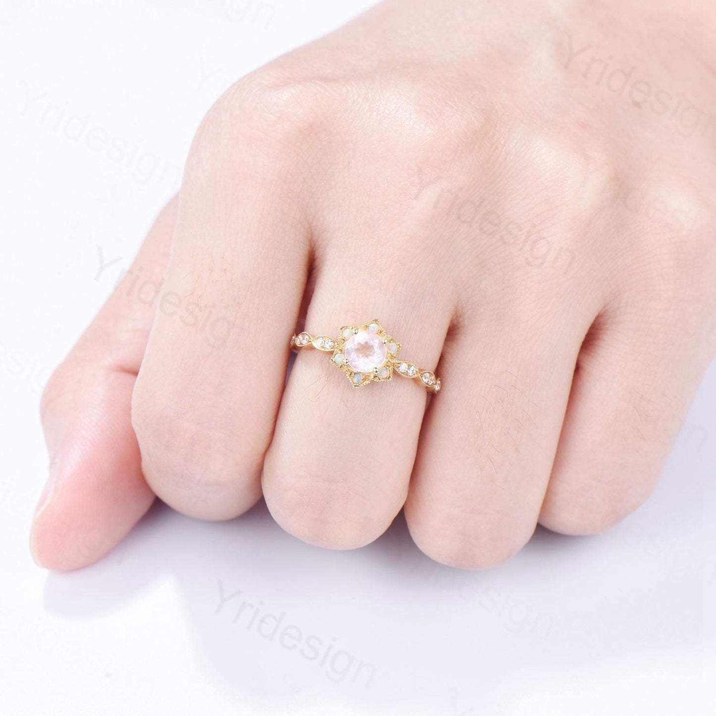 Floral Natural Rose Quartz Ring Vintage Sunflower Halo Opal Pink Crystal Engagement Ring Art Deco MIlgrain Wedding Band Anniversary Gift - PENFINE