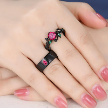 Gothic Couples Red Ruby Engagement Ring : 14k Black Gold Leaf Band Set