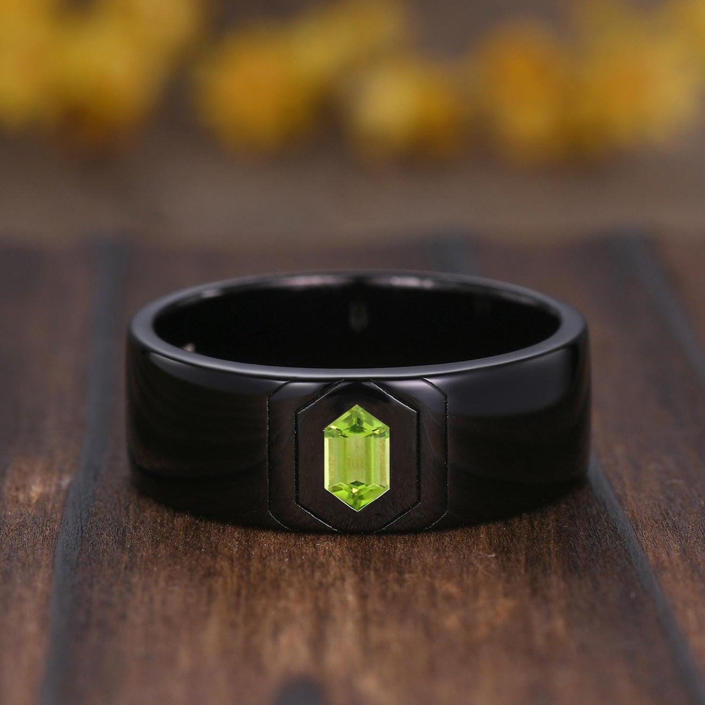 Gothic Couples Peridot Wedding Ring Set: 14K Black Gold Promise Rings