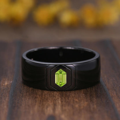 Gothic Couples Peridot Wedding Ring Set: 14K Black Gold Promise Rings