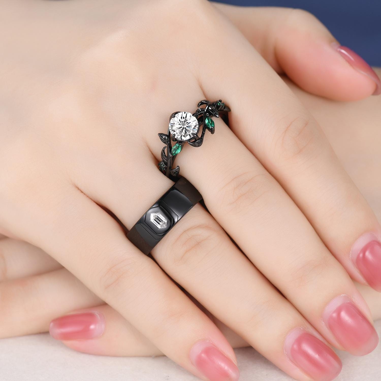 Gothic Moissanite Engagement Ring: 14k Black Gold Leaf Band