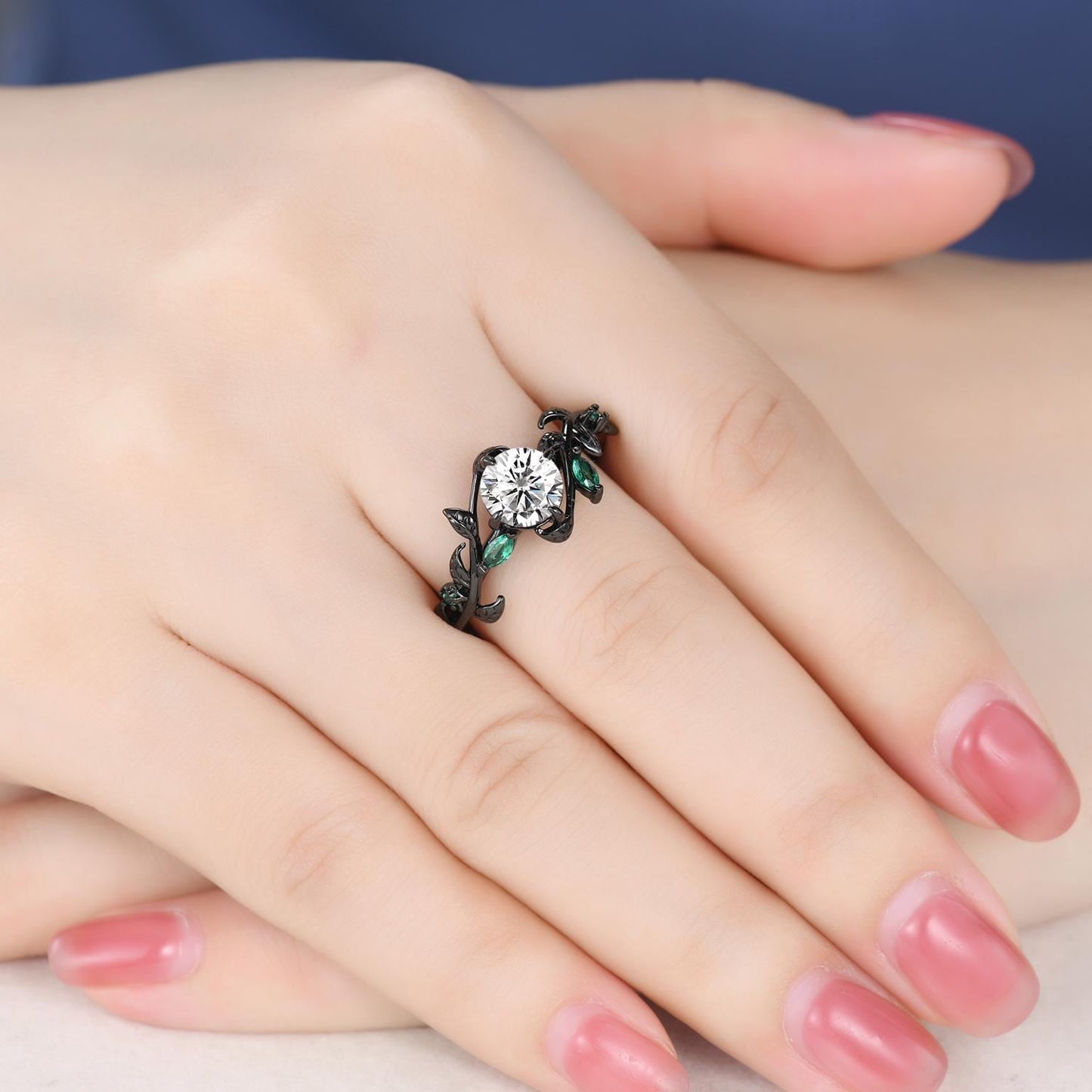 Gothic Moissanite Engagement Ring: 14k Black Gold Leaf Band
