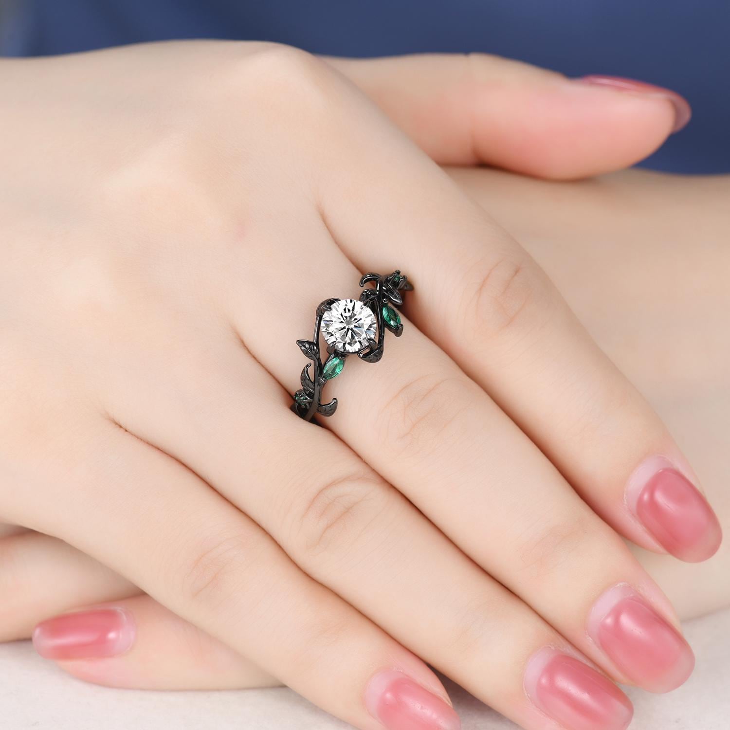 Gothic Moissanite Engagement Ring: 14k Black Gold Leaf Band