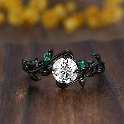 Gothic Moissanite Engagement Ring: 14k Black Gold Leaf Band