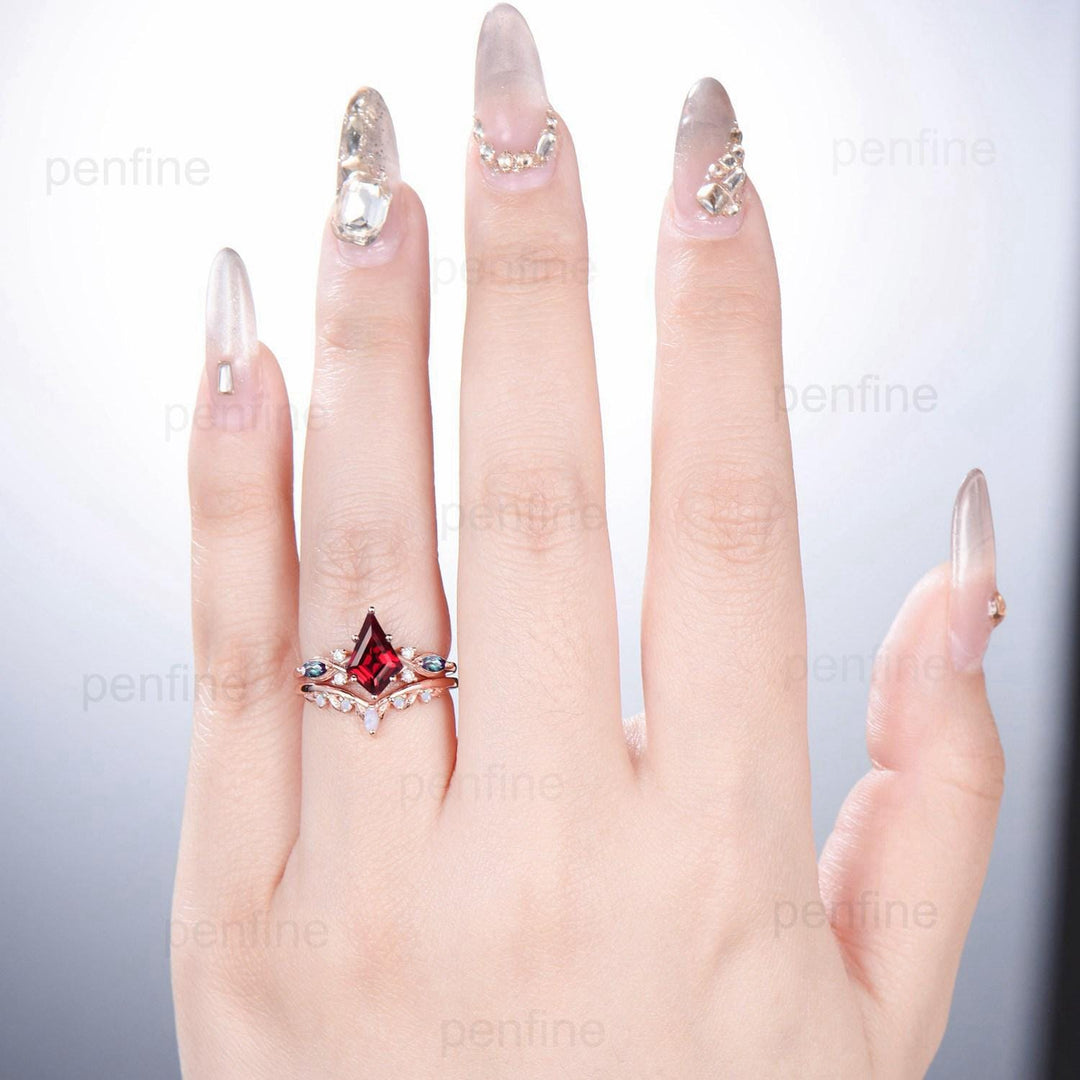 Kite Cut Ruby Ring Set, Marquise Alexandrite, Opal Stacking Band - PENFINE