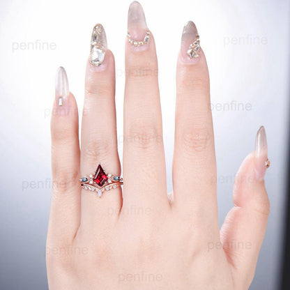 Kite Cut Ruby Ring Set, Marquise Alexandrite, Opal Stacking Band - PENFINE