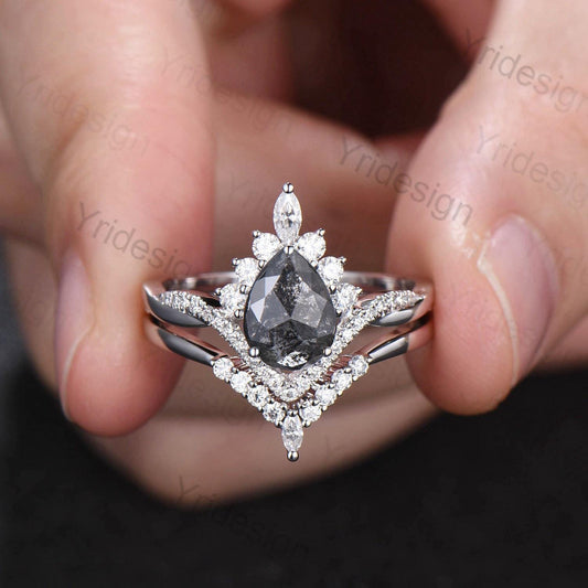 Retro pear shaped salt pepper diamond engagement ring art deco vintage pepper diamond wedding set unique anniversary promise ring for wife - PENFINE