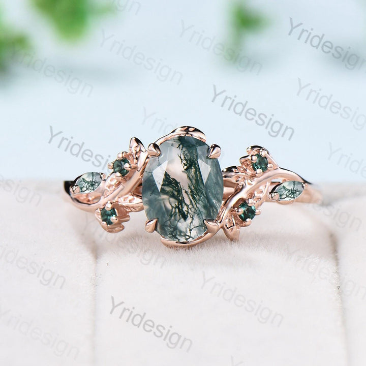 1.5Ct Oval Natural Moss Agate Engagement Ring Nature Inspired Green Agate Promise Ring Cluster Emerald Anniversary Ring Silver Rose Gold - PENFINE