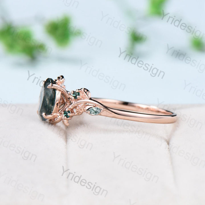 1.5Ct Oval Natural Moss Agate Engagement Ring Nature Inspired Green Agate Promise Ring Cluster Emerald Anniversary Ring Silver Rose Gold - PENFINE