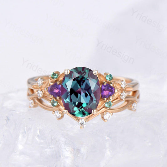 Vintage oval cut alexandrite engagement ring rose gold art deco cluster leaf amethyst wedding set nature inspired bridal promise ring set - PENFINE