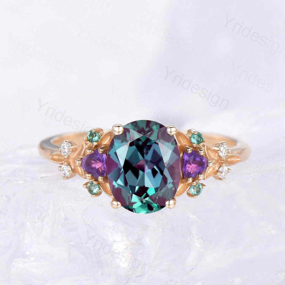 Vintage oval cut alexandrite engagement ring rose gold art deco cluster leaf amethyst wedding set nature inspired bridal promise ring set - PENFINE