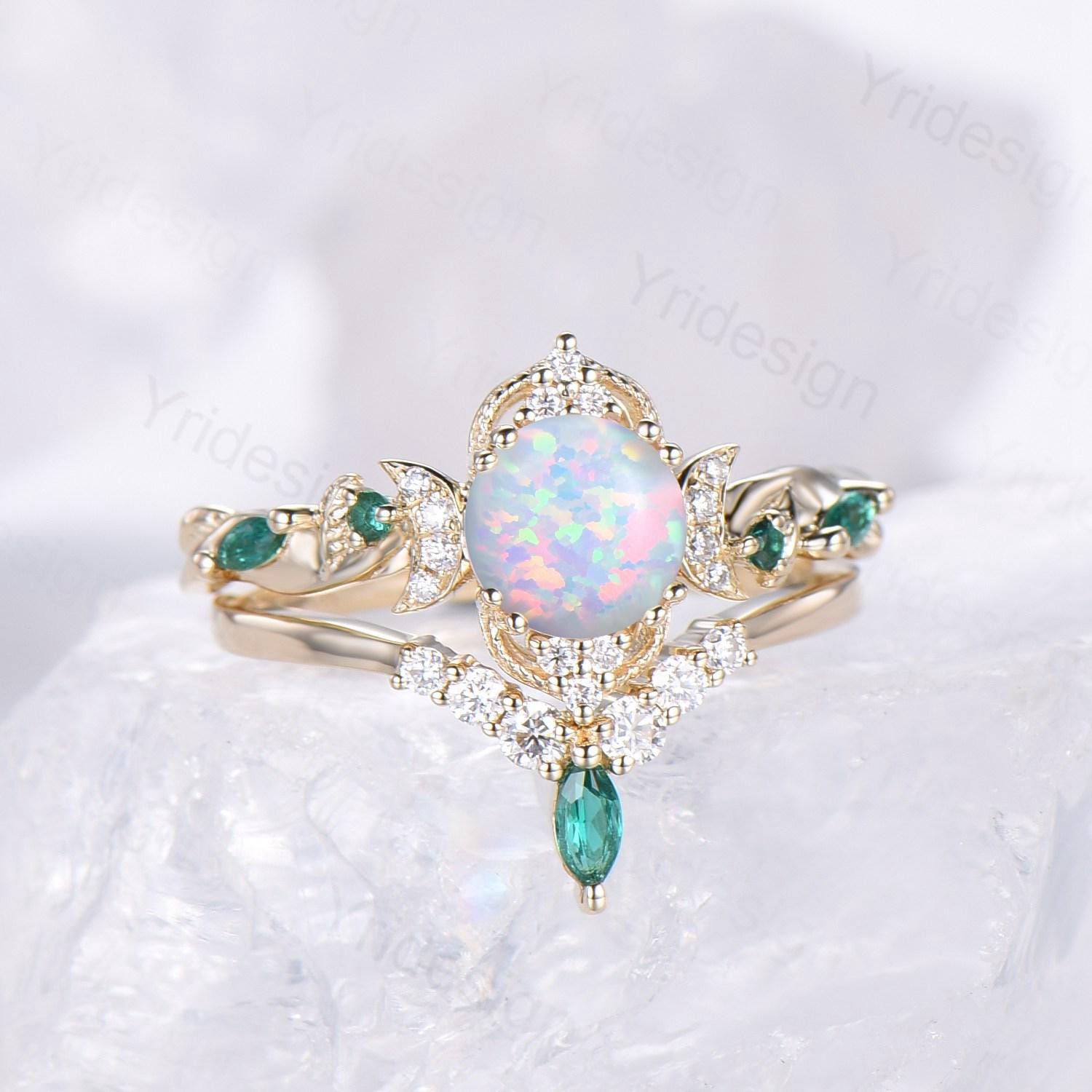 2pcs Vintage Round White Opal Engagement Ring Leaf Moon Cluster Amethyst Bridal Set Art Deco Nature Inspired October Birthstone Promise Ring - PENFINE