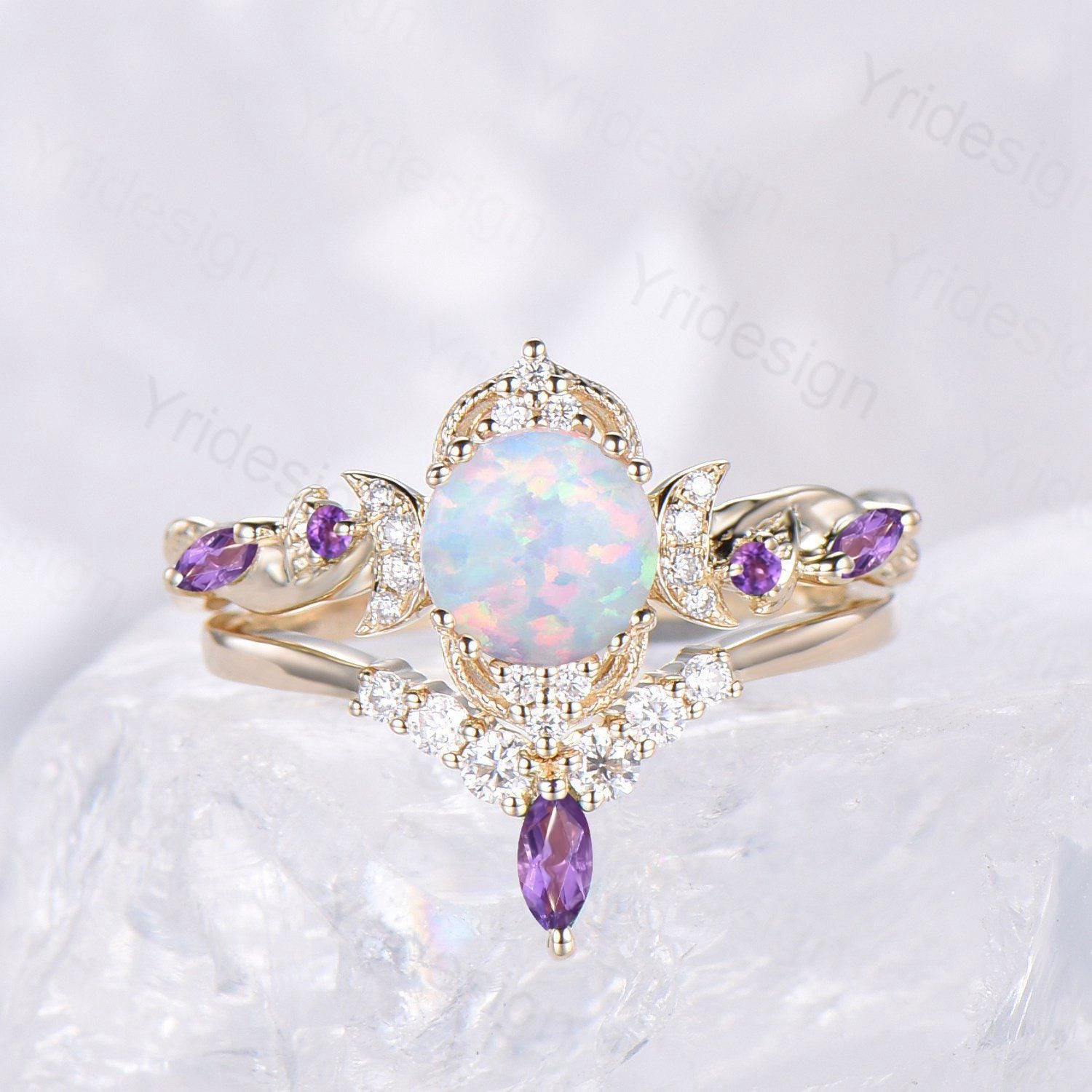 2pcs Vintage Round White Opal Engagement Ring Leaf Moon Cluster Amethyst Bridal Set Art Deco Nature Inspired October Birthstone Promise Ring - PENFINE