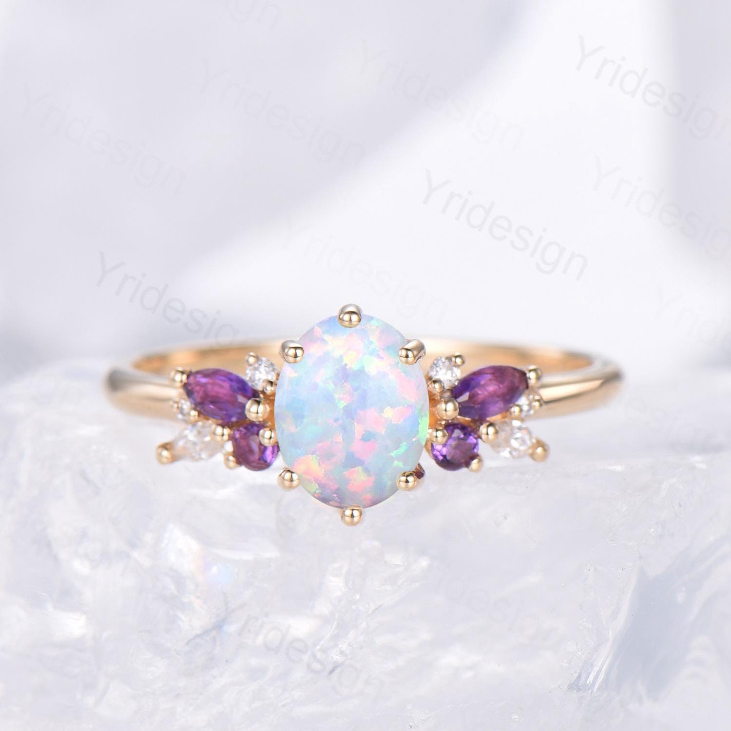 Unique White Opal Engagement Ring Set Alternative Cluster Amethyst Fire Opal Wedding Ring Vintage  Bee Opal Amethyst Bridal Set For Women - PENFINE