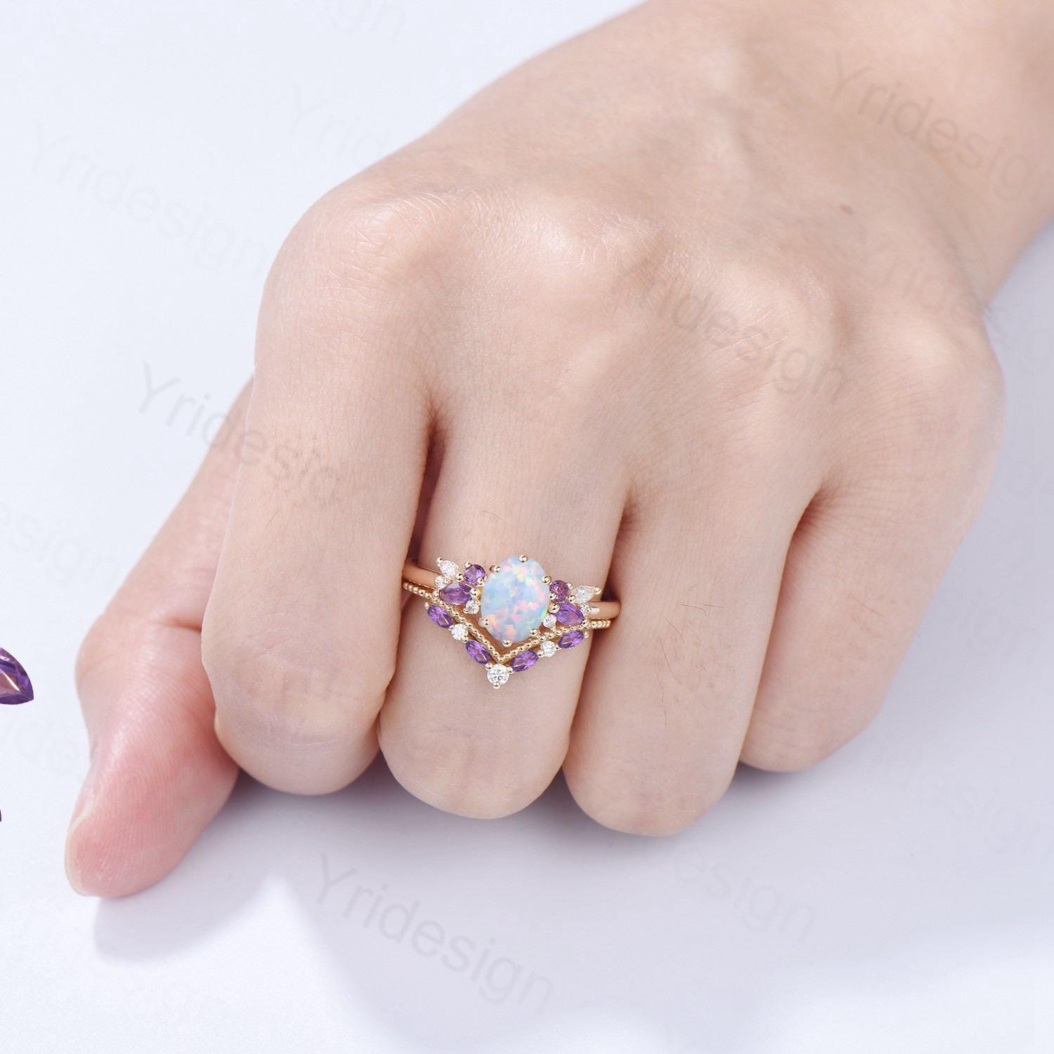 Unique White Opal Engagement Ring Set Alternative Cluster Amethyst Fire Opal Wedding Ring Vintage  Bee Opal Amethyst Bridal Set For Women - PENFINE