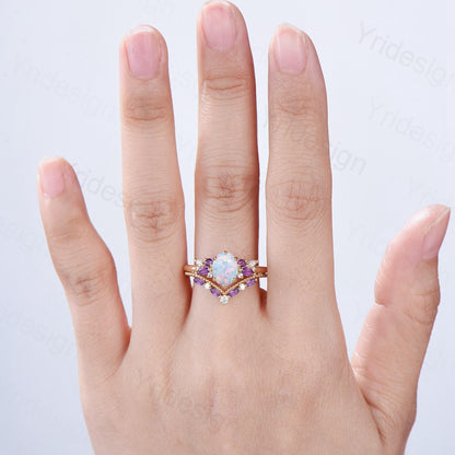 Unique White Opal Engagement Ring Set Alternative Cluster Amethyst Fire Opal Wedding Ring Vintage  Bee Opal Amethyst Bridal Set For Women - PENFINE