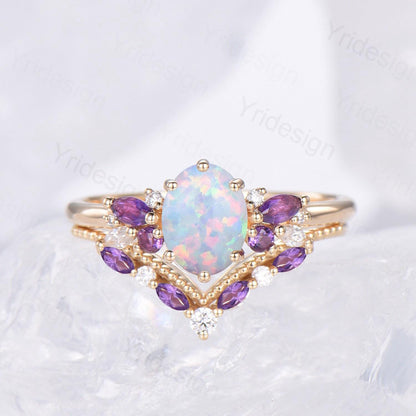 Unique White Opal Engagement Ring Set Alternative Cluster Amethyst Fire Opal Wedding Ring Vintage  Bee Opal Amethyst Bridal Set For Women - PENFINE