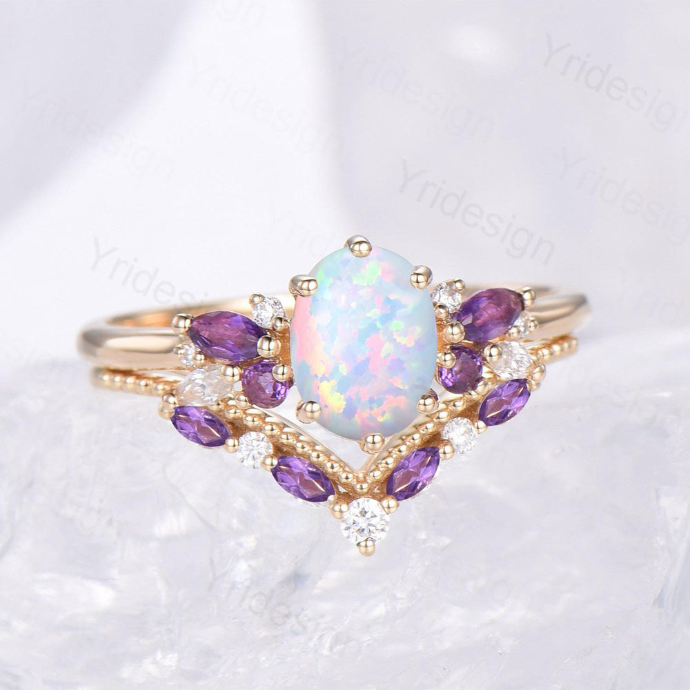 Unique White Opal Engagement Ring Set Alternative Cluster Amethyst Fire Opal Wedding Ring Vintage  Bee Opal Amethyst Bridal Set For Women - PENFINE