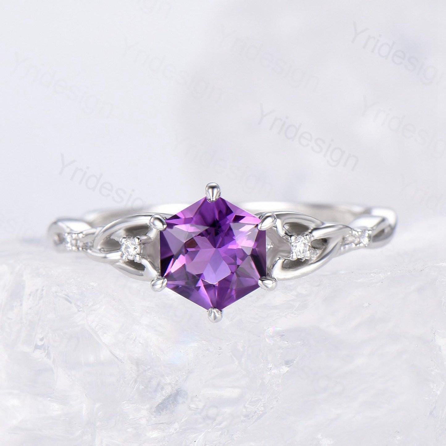 Norse Viking Royal Cut Amethyst Ring Set Celtic Love Hexagon Cut Amethyst Engagement Ring Vintage February Birthstone Wedding Ring For Women - PENFINE