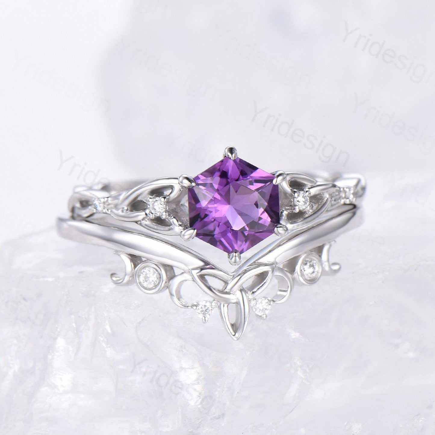 Norse Viking Royal Cut Amethyst Ring Set Celtic Love Hexagon Cut Amethyst Engagement Ring Vintage February Birthstone Wedding Ring For Women - PENFINE