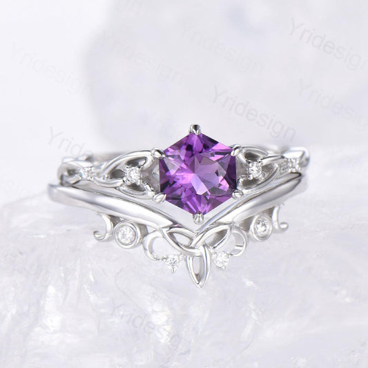 Norse Viking Royal Cut Amethyst Ring Set Celtic Love Hexagon Cut Amethyst Engagement Ring Vintage February Birthstone Wedding Ring For Women - PENFINE