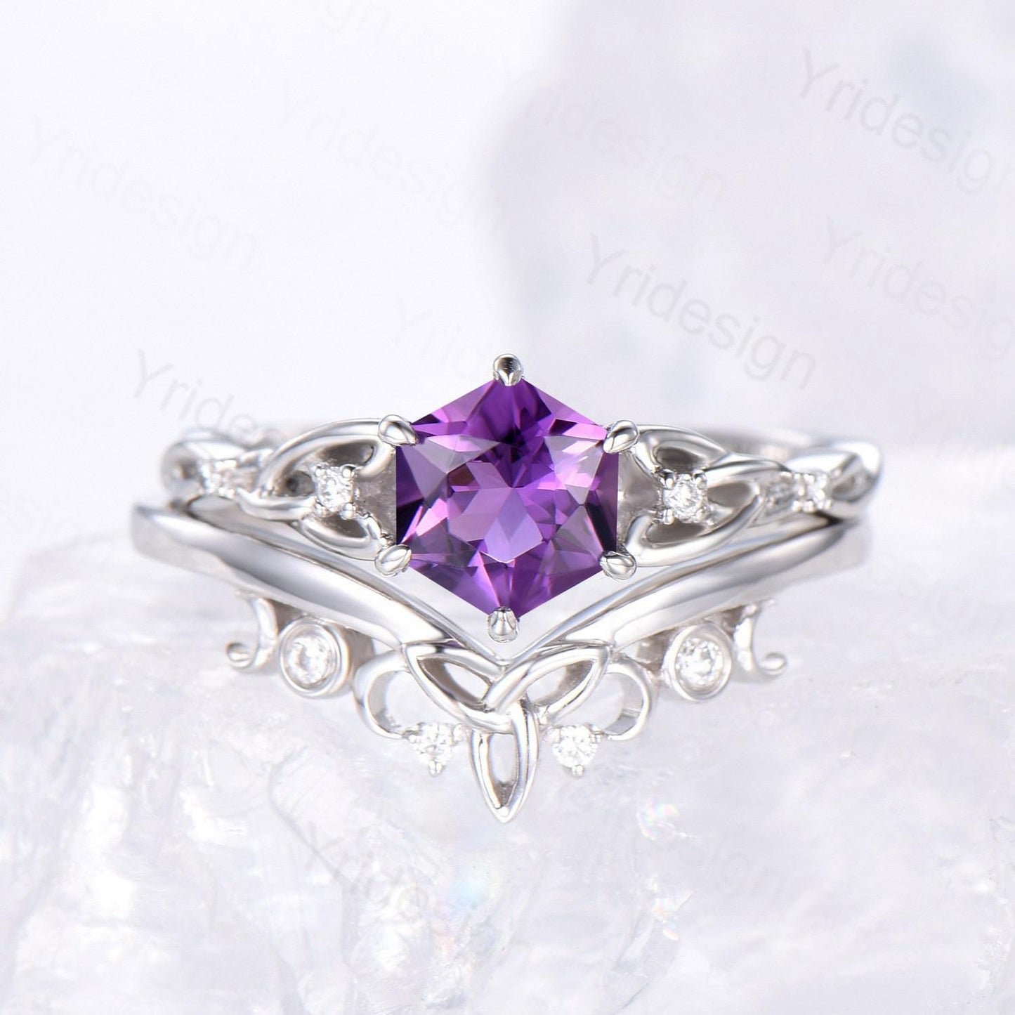 Norse Viking Royal Cut Amethyst Ring Set Celtic Love Hexagon Cut Amethyst Engagement Ring Vintage February Birthstone Wedding Ring For Women - PENFINE