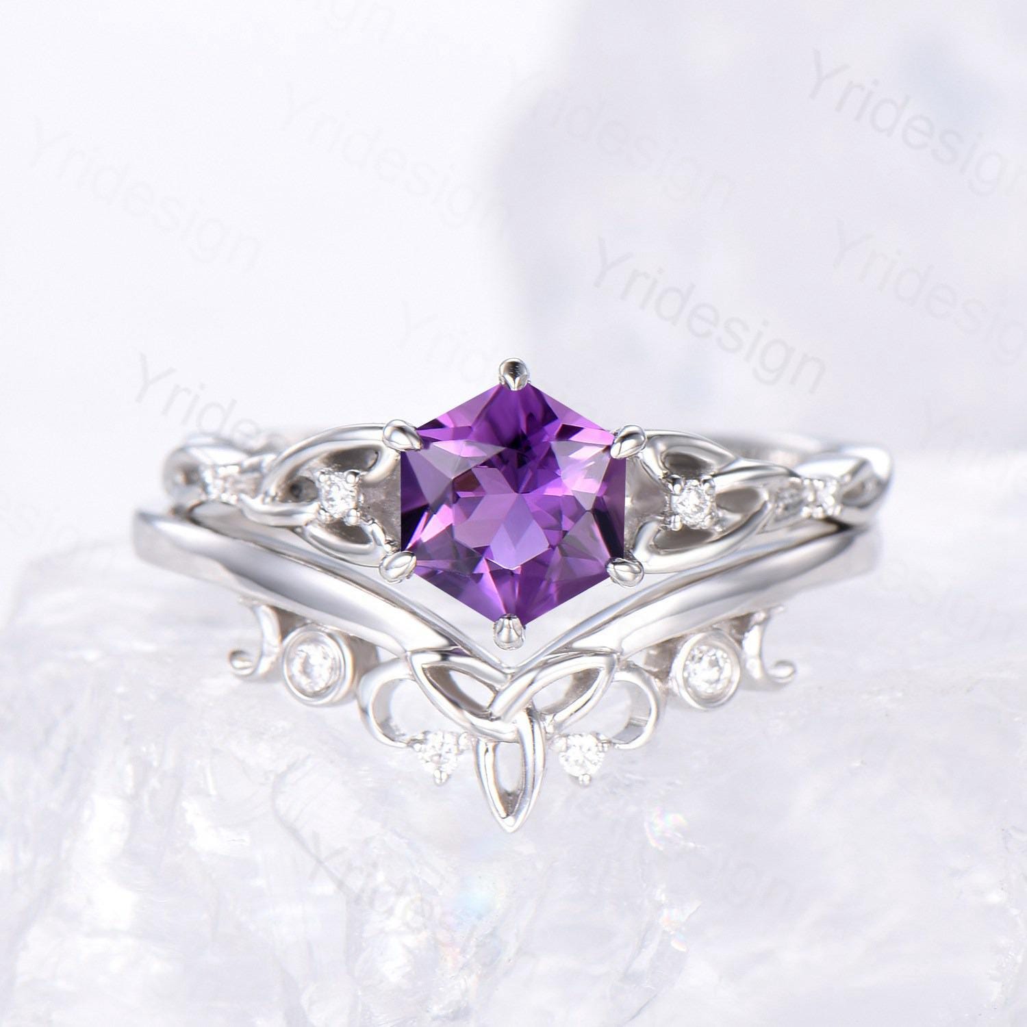 Norse Viking Royal Cut Amethyst Ring Set Celtic Love Hexagon Cut Amethyst Engagement Ring Vintage February Birthstone Wedding Ring For Women - PENFINE