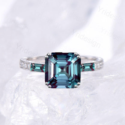 Unique asscher cut alexandrite engagement ring, hidden halo basket setting, 3 stone baguette color change June birthstone anniversary ring - PENFINE