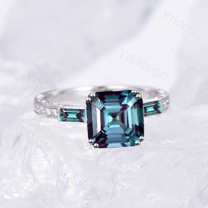 Unique asscher cut alexandrite engagement ring, hidden halo basket setting, 3 stone baguette color change June birthstone anniversary ring - PENFINE