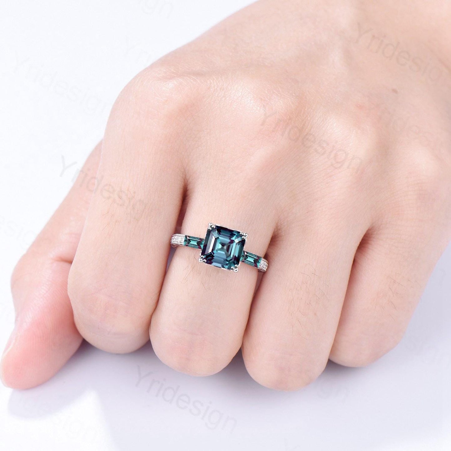 Unique asscher cut alexandrite engagement ring, hidden halo basket setting, 3 stone baguette color change June birthstone anniversary ring - PENFINE