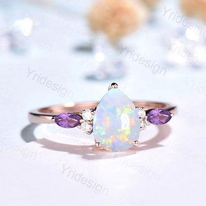 Retro Pear Shaped Opal Ring Rose Gold Fire Opal Ruby Engagement Ring Seven Stone Cluster Promise Ring October Birthstone Anniversary gift - PENFINE