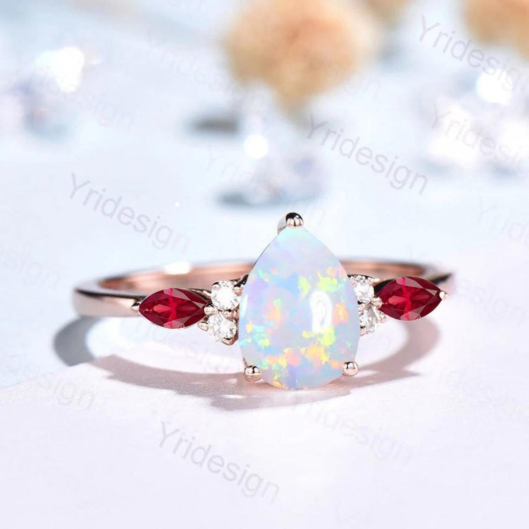 Retro Pear Shaped Opal Ring Rose Gold Fire Opal Ruby Engagement Ring Seven Stone Cluster Promise Ring October Birthstone Anniversary gift - PENFINE