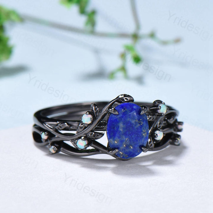 Lapis Lazuli Wedding Ring Set, Black Gold Twig, Opal Branch Bridal Set - PENFINE