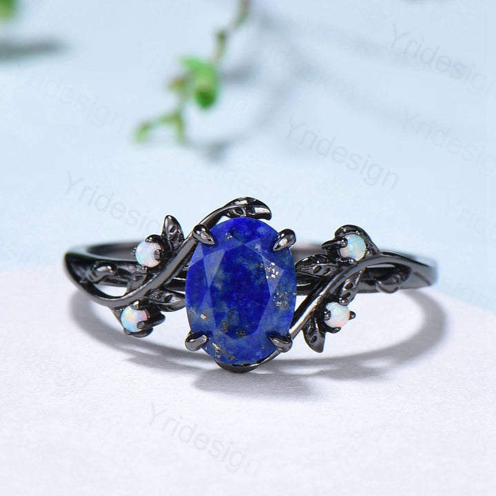 Lapis Lazuli Wedding Ring Set, Black Gold Twig, Opal Branch Bridal Set - PENFINE