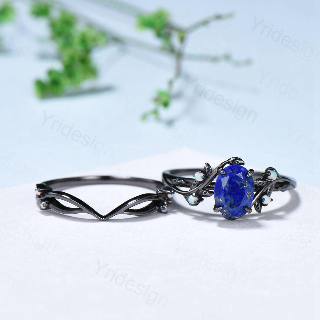 Lapis Lazuli Wedding Ring Set, Black Gold Twig, Opal Branch Bridal Set - PENFINE