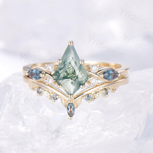 Natural Kite Cut Green Moss Agate Engagement Ring Set Seven Stone Silver Yellow Gold Cluster Alexandrite Wedding Ring Set Ring Leaf Band - PENFINE