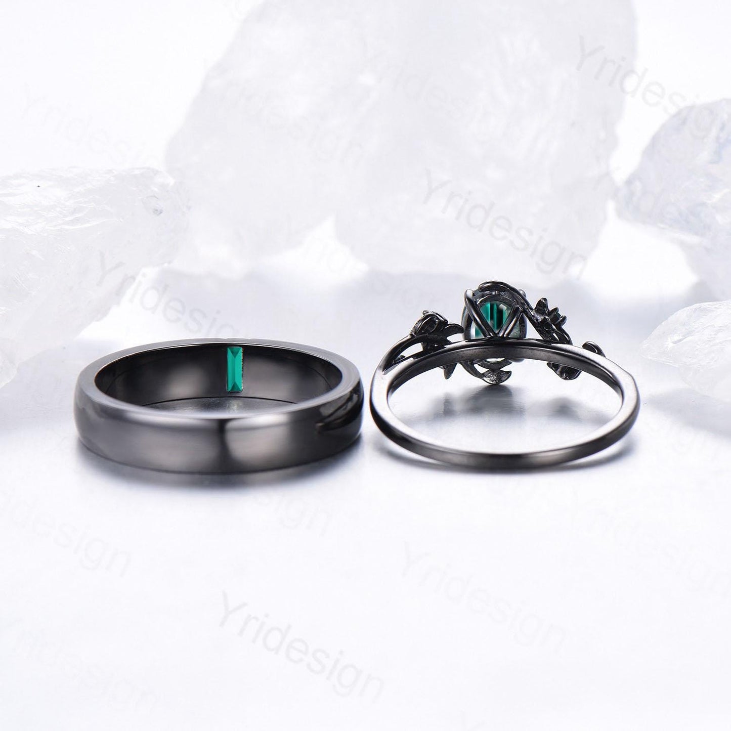 Couples ring set black gold emerald wedding ring set vintage bridal ring men and women His Hers engagement ring promise anniversary gift - PENFINE