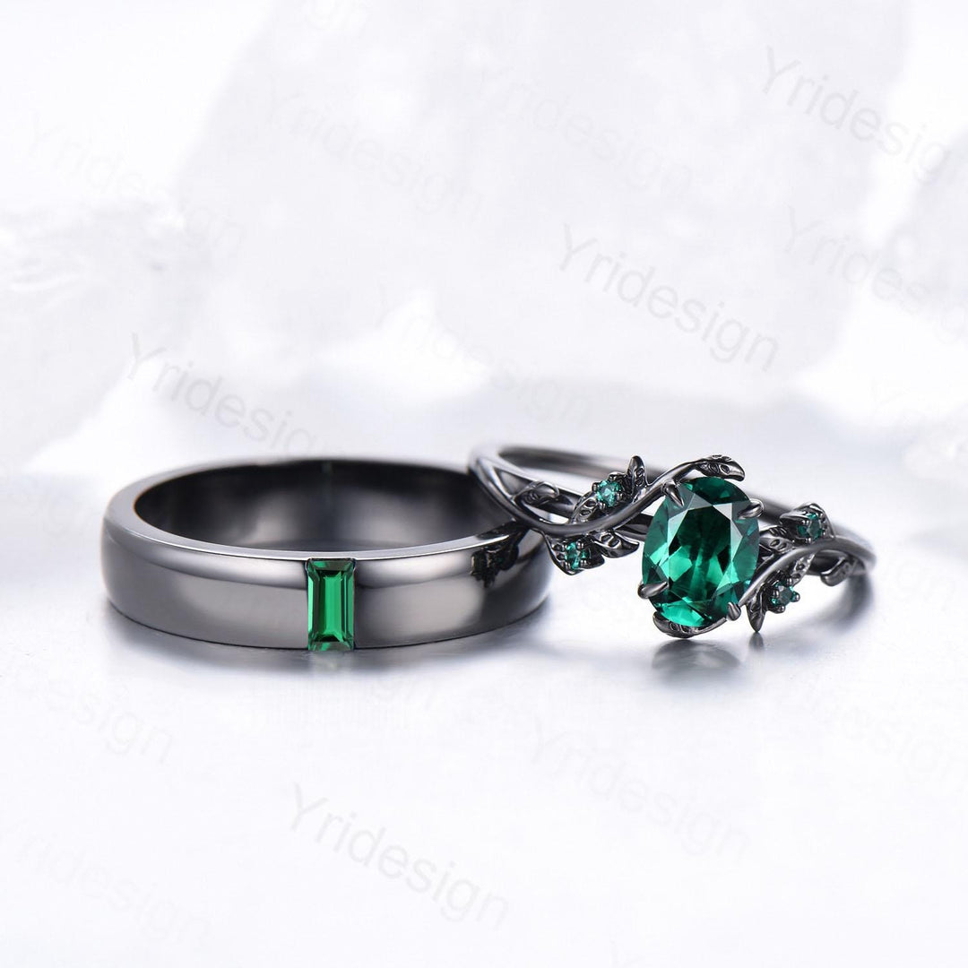 Couples ring set black gold emerald wedding ring set vintage bridal ring men and women His Hers engagement ring promise anniversary gift - PENFINE