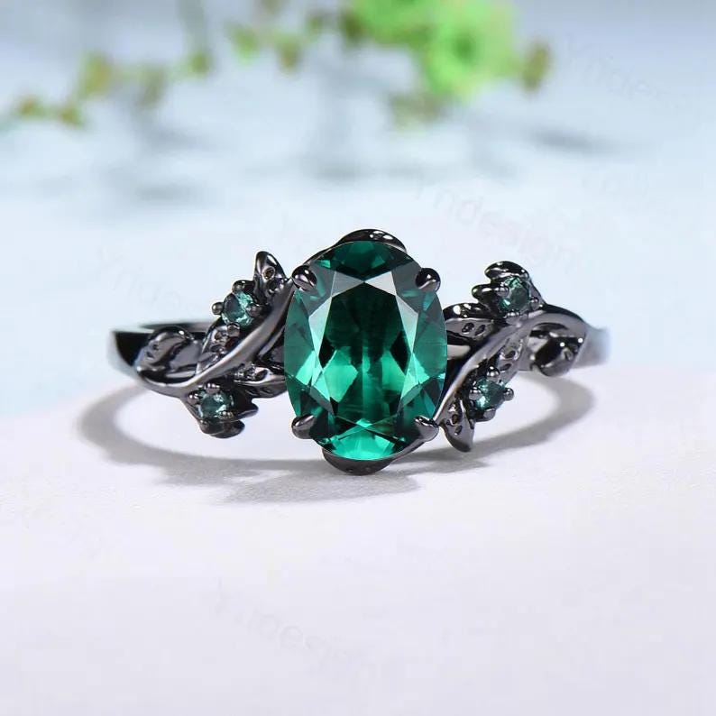 Couples ring set black gold emerald wedding ring set vintage bridal ring men and women His Hers engagement ring promise anniversary gift - PENFINE