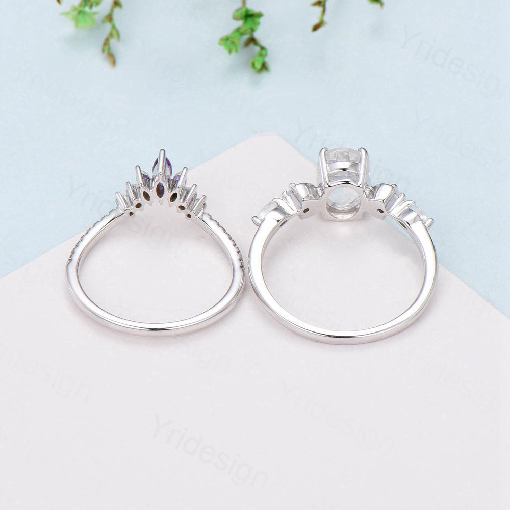 Vintage Oval Opal Engagement Ring Set Unique Marquise Amethyst Moon Fire Opal Wedding Ring 925 Sterling Silver 2pcs Bridal Ring Set Women - PENFINE