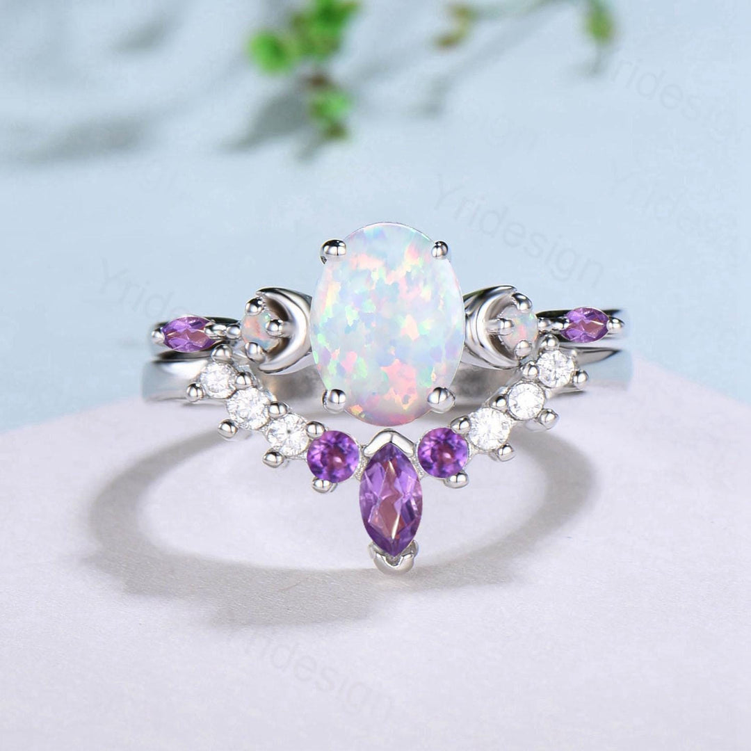 Vintage Oval Opal Engagement Ring Set Unique Marquise Amethyst Moon Fire Opal Wedding Ring 925 Sterling Silver 2pcs Bridal Ring Set Women - PENFINE