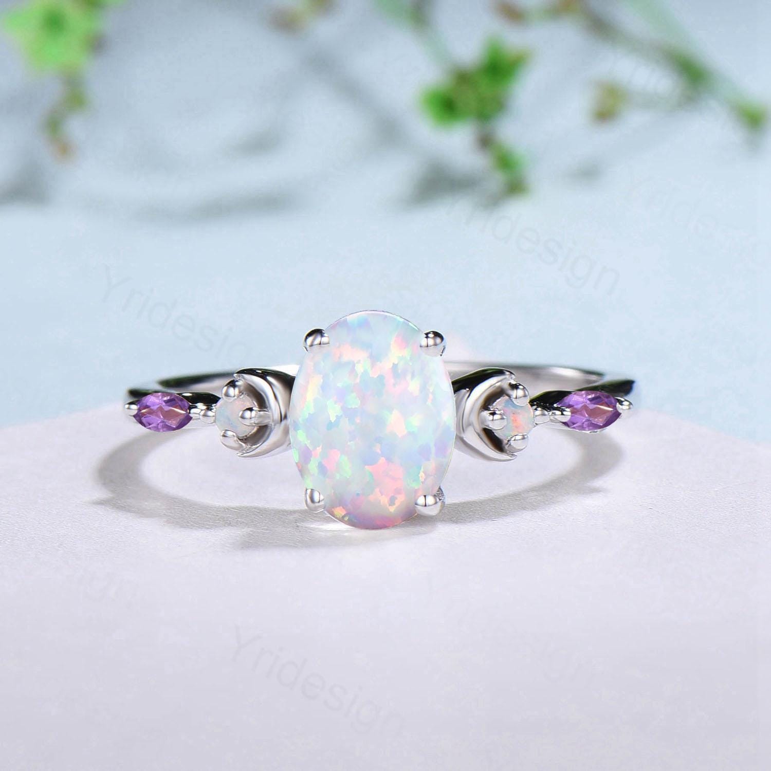 Vintage Oval Opal Engagement Ring Set Unique Marquise Amethyst Moon Fire Opal Wedding Ring 925 Sterling Silver 2pcs Bridal Ring Set Women - PENFINE