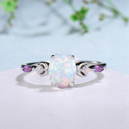 Vintage Oval Opal Engagement Ring Set Unique Marquise Amethyst Moon Fire Opal Wedding Ring 925 Sterling Silver 2pcs Bridal Ring Set Women - PENFINE