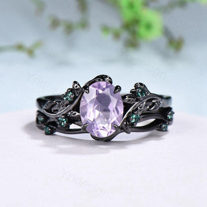 Unique black gold lavender amethyst wedding ring set Nature Inspired purple gemstone engagement ring vintage cluster emerald Leaf bridal set - PENFINE