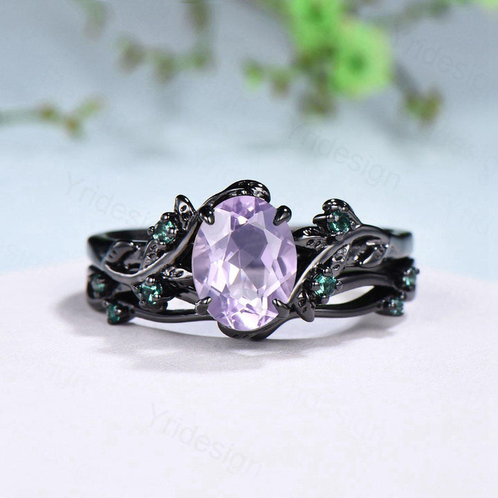 Unique black gold lavender amethyst wedding ring set Nature Inspired purple gemstone engagement ring vintage cluster emerald Leaf bridal set - PENFINE