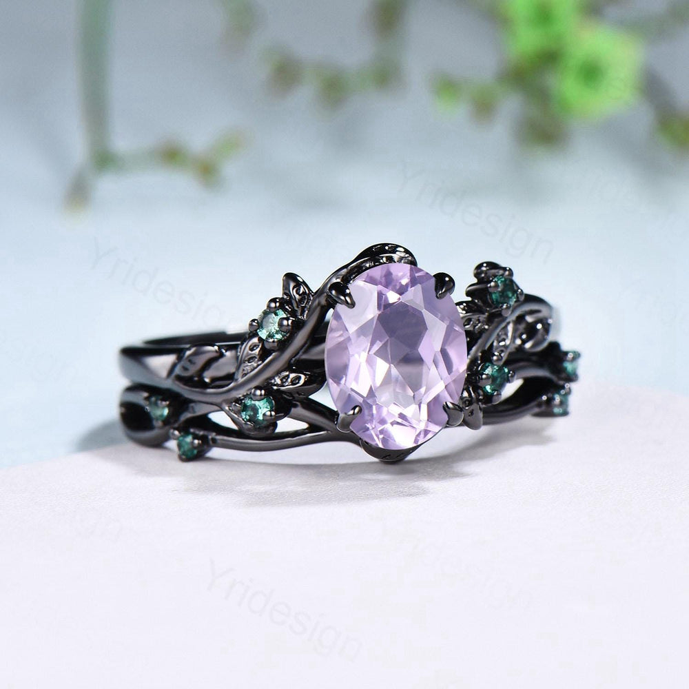 Unique black gold lavender amethyst wedding ring set Nature Inspired purple gemstone engagement ring vintage cluster emerald Leaf bridal set - PENFINE