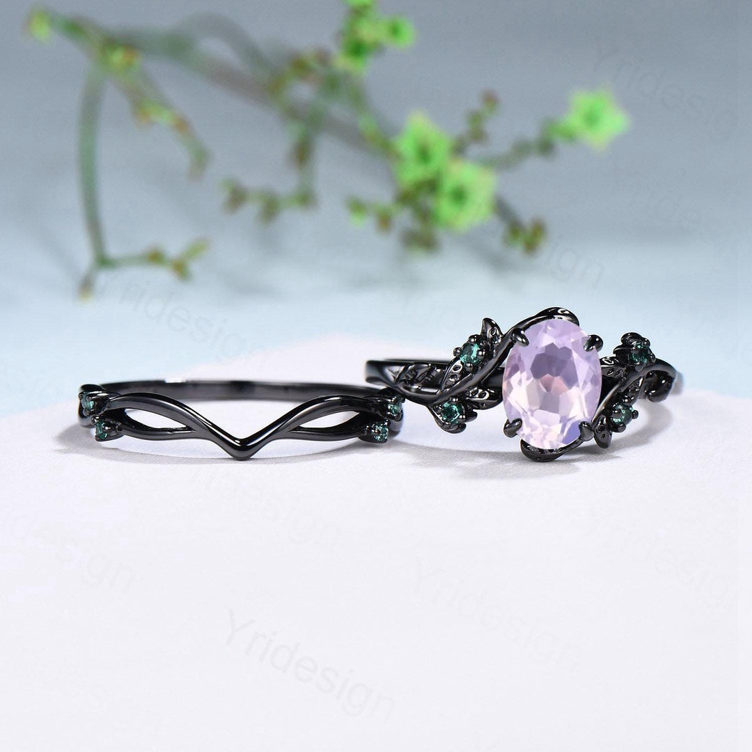 Unique black gold lavender amethyst wedding ring set Nature Inspired purple gemstone engagement ring vintage cluster emerald Leaf bridal set - PENFINE