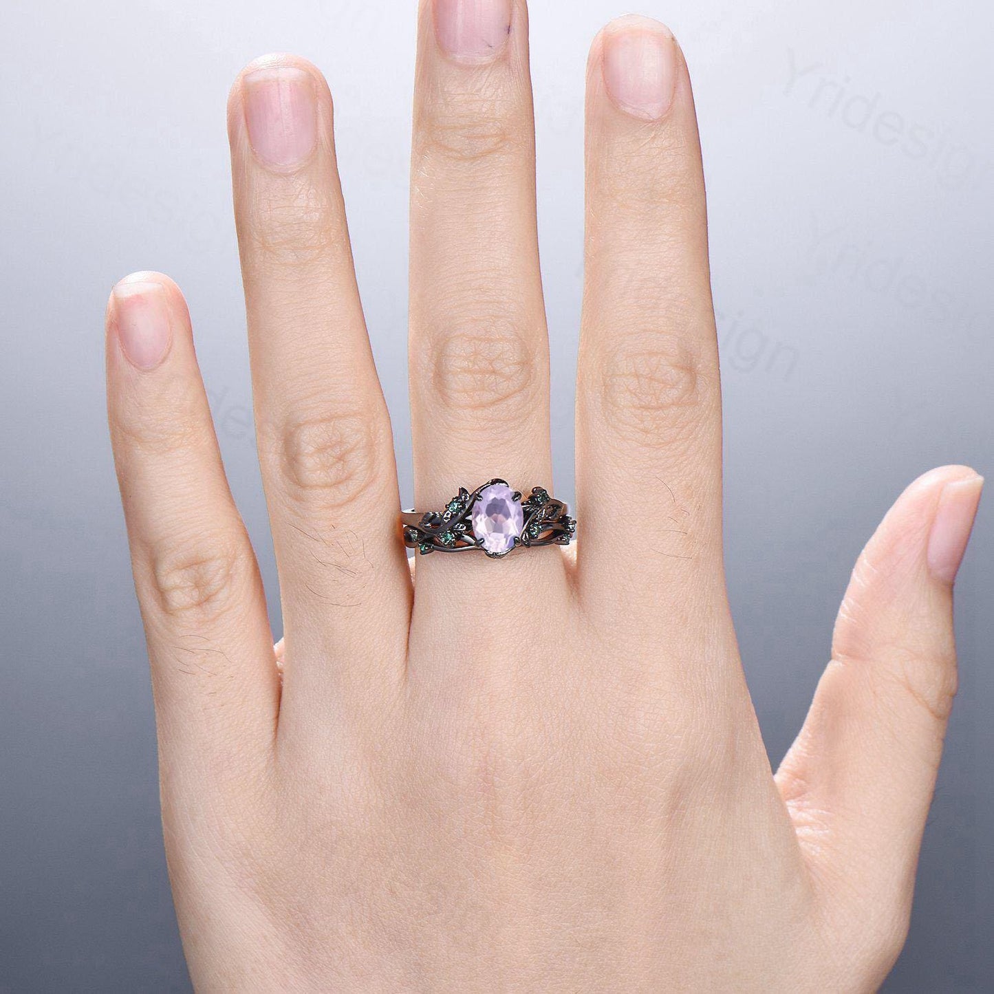 Unique black gold lavender amethyst wedding ring set Nature Inspired purple gemstone engagement ring vintage cluster emerald Leaf bridal set - PENFINE