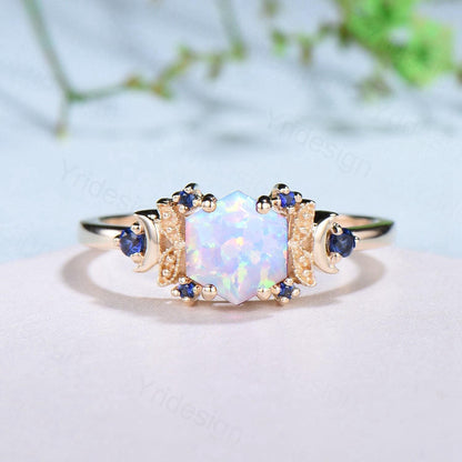 Vintage Moon opal engagement ring unique hexagon cut white opal milgrain wedding ring rose gold cluster sapphire ring handmade proposal gift - PENFINE